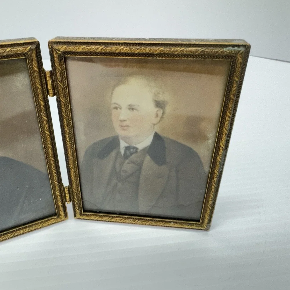 Pair of Antique Husband & Wife Color Portrait Miniatures Hinged Brass Frame